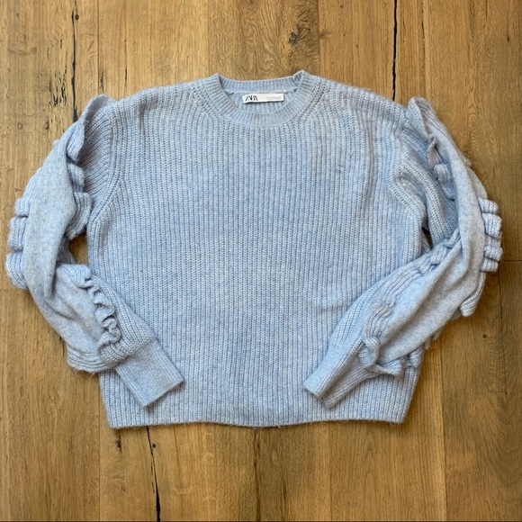 Zara Sweaters - ZARA Light Blue Ruffle Sleeve Knit Sweater